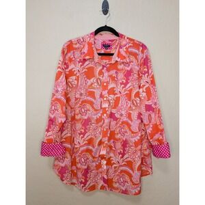Talbots Plus 2X Orange Pink Paisley Cotton Button Down Shirt Polka Dot Cuffs